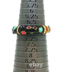 Vintage Gold Tone Black Enamel Bracelet Multicolor Gemstone Ornate Design