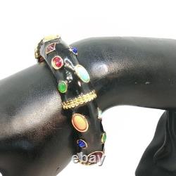 Vintage Gold Tone Black Enamel Bracelet Multicolor Gemstone Ornate Design