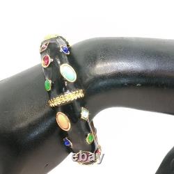 Vintage Gold Tone Black Enamel Bracelet Multicolor Gemstone Ornate Design
