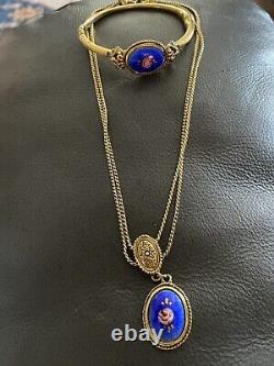 Vintage Goldette Two Chains Necklace Bracelet Set Blue Enamel Guilloche Pendant