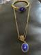 Vintage Goldette Two Chains Necklace Bracelet Set Blue Enamel Guilloche Pendant