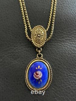 Vintage Goldette Two Chains Necklace Bracelet Set Blue Enamel Guilloche Pendant