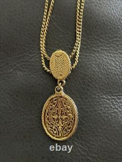 Vintage Goldette Two Chains Necklace Bracelet Set Blue Enamel Guilloche Pendant
