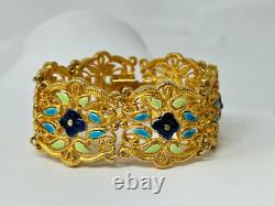 Vintage Goldtone VENDOME Green Blue Floral Enamel Panel 7.25 Bracelet