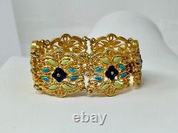 Vintage Goldtone VENDOME Green Blue Floral Enamel Panel 7.25 Bracelet