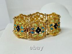 Vintage Goldtone VENDOME Green Blue Floral Enamel Panel 7.25 Bracelet