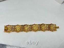 Vintage Goldtone VENDOME Green Blue Floral Enamel Panel 7.25 Bracelet