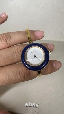 Vintage Gucci 11/12.2 Blue Enamel Gold Tone Bangle Watch Swiss Made Untested