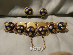Vintage Guilloche Enamel Bracelet Earring Set Signed Sporrong Swedish Tre Kronor