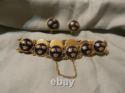 Vintage Guilloche Enamel Bracelet Earring Set Signed Sporrong Swedish Tre Kronor