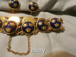 Vintage Guilloche Enamel Bracelet Earring Set Signed Sporrong Swedish Tre Kronor