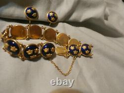 Vintage Guilloche Enamel Bracelet Earring Set Signed Sporrong Swedish Tre Kronor