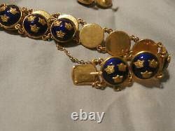 Vintage Guilloche Enamel Bracelet Earring Set Signed Sporrong Swedish Tre Kronor