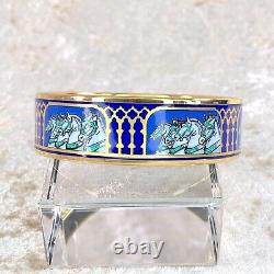 Vintage HERMES Émail Bangle Bracelet Blue Enamel Horse Gold Rim Size 65