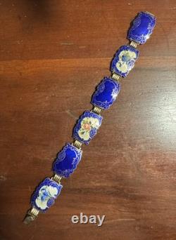 Vintage Hans Myhre Sterling Silver Blue Floral Guilloche Enamel Bracelet 8