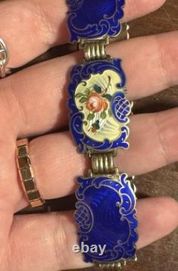 Vintage Hans Myhre Sterling Silver Blue Floral Guilloche Enamel Bracelet 8