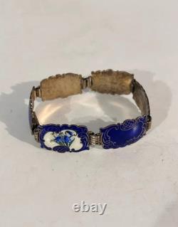 Vintage Hans Myhre Sterling Silver Blue Floral Guilloche Enamel Bracelet 8