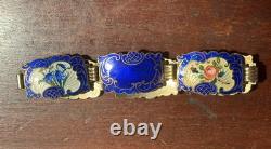 Vintage Hans Myhre Sterling Silver Blue Floral Guilloche Enamel Bracelet 8