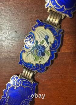 Vintage Hans Myhre Sterling Silver Blue Floral Guilloche Enamel Bracelet 8