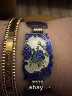 Vintage Hans Myhre Sterling Silver Blue Floral Guilloche Enamel Bracelet 8