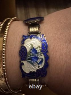 Vintage Hans Myhre Sterling Silver Blue Floral Guilloche Enamel Bracelet 8