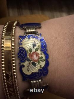 Vintage Hans Myhre Sterling Silver Blue Floral Guilloche Enamel Bracelet 8