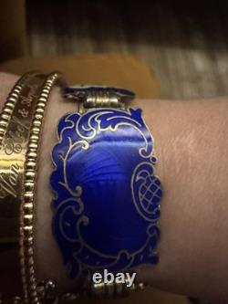 Vintage Hans Myhre Sterling Silver Blue Floral Guilloche Enamel Bracelet 8