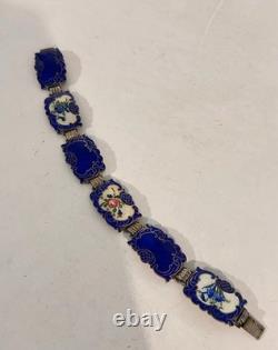 Vintage Hans Myhre Sterling Silver Blue Floral Guilloche Enamel Bracelet 8