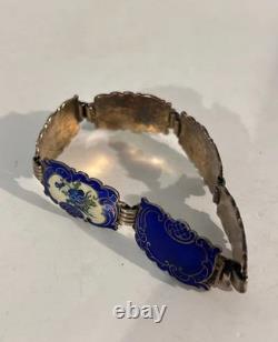 Vintage Hans Myhre Sterling Silver Blue Floral Guilloche Enamel Bracelet 8