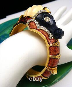 Vintage Hattie Carnegie Hinged Bangle Bracelet Lucite Dragon Rhinestones Enamel