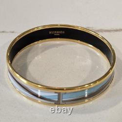Vintage Hermes Bangle Bracelet BEIGE BROWN BLUE Cloisonné Enamel Gold Rim Nice