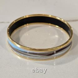 Vintage Hermes Bangle Bracelet BEIGE BROWN BLUE Cloisonné Enamel Gold Rim Nice