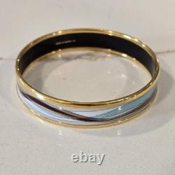 Vintage Hermes Bangle Bracelet BEIGE BROWN BLUE Cloisonné Enamel Gold Rim Nice