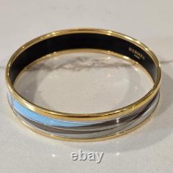 Vintage Hermes Bangle Bracelet BEIGE BROWN BLUE Cloisonné Enamel Gold Rim Nice