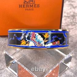 Vintage Hermes Bangle Bracelet Black Blue Enamel Hand Fan Gold Rim 65 withCase