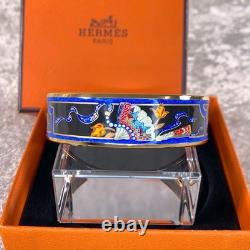 Vintage Hermes Bangle Bracelet Black Blue Enamel Hand Fan Gold Rim 65 withCase