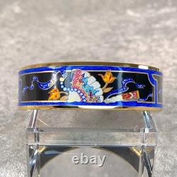 Vintage Hermes Bangle Bracelet Black Blue Enamel Hand Fan Gold Rim 65 withCase