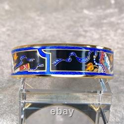 Vintage Hermes Bangle Bracelet Black Blue Enamel Hand Fan Gold Rim 65 withCase