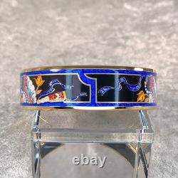 Vintage Hermes Bangle Bracelet Black Blue Enamel Hand Fan Gold Rim 65 withCase