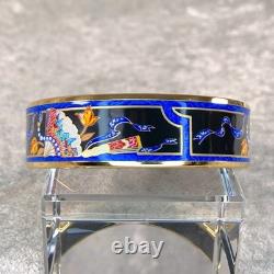 Vintage Hermes Bangle Bracelet Black Blue Enamel Hand Fan Gold Rim 65 withCase