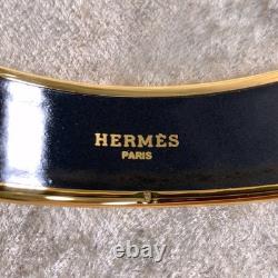 Vintage Hermes Bangle Bracelet Black Blue Enamel Hand Fan Gold Rim 65 withCase