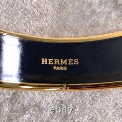 Vintage Hermes Bangle Bracelet Black Blue Enamel Hand Fan Gold Rim 65 withCase