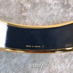 Vintage Hermes Bangle Bracelet Black Blue Enamel Hand Fan Gold Rim 65 withCase