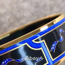 Vintage Hermes Bangle Bracelet Black Blue Enamel Hand Fan Gold Rim 65 withCase