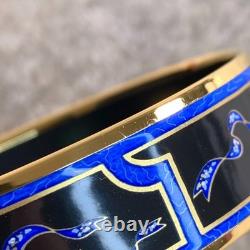 Vintage Hermes Bangle Bracelet Black Blue Enamel Hand Fan Gold Rim 65 withCase