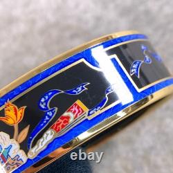 Vintage Hermes Bangle Bracelet Black Blue Enamel Hand Fan Gold Rim 65 withCase