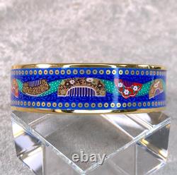 Vintage Hermes Bangle Bracelet Blue Enamel Oriental Hair Brush Gold Rim Size 70