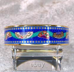 Vintage Hermes Bangle Bracelet Blue Enamel Oriental Hair Brush Gold Rim Size 70
