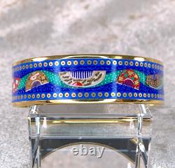 Vintage Hermes Bangle Bracelet Blue Enamel Oriental Hair Brush Gold Rim Size 70