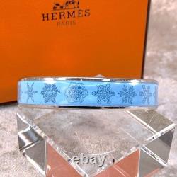 Vintage Hermes Bangle Bracelet Blue Enamel Snowflakes Silver Rim Size 65 withCase